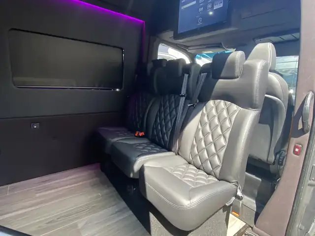 Executive Sprinter gray leather seat with a wall TV and grab handle beside the entry step — Sprinter service in Chelsea