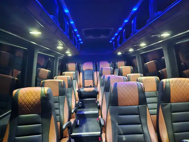 Executive Sprinter with black and tan leather seats in long rows under blue ceiling lights — Manhattan to Hudson Valley Wineries transfers