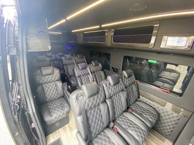 Executive Sprinter gray leather seating with a ceiling control screen and bronze window trim — Minibus rental NYC