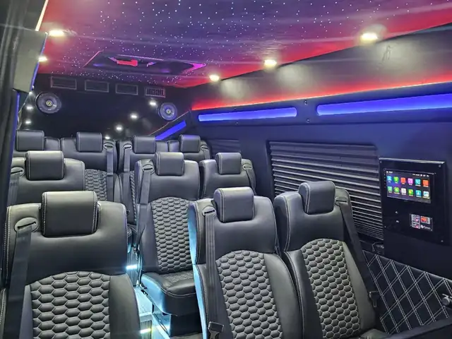 Executive Sprinter with starry ceiling, red and blue LED and a screen beside black leather seats — NYC Sprinter service areas