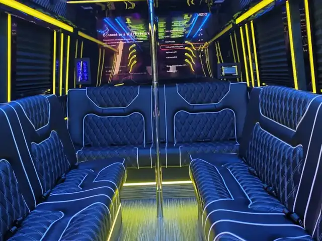 Limo Sprinter with blue diamond-tufted side sofas, a dance pole and a neon-green ceiling, Mercedes Sprinter NYC