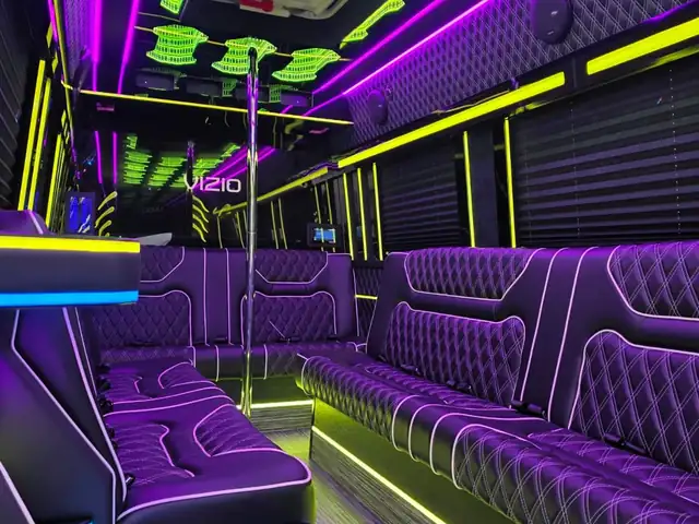 Limo Sprinter with purple sofas, a dance pole and a green sculpted ceiling — Wedding Shuttle Service New Jersey — Mercedes Sprinter